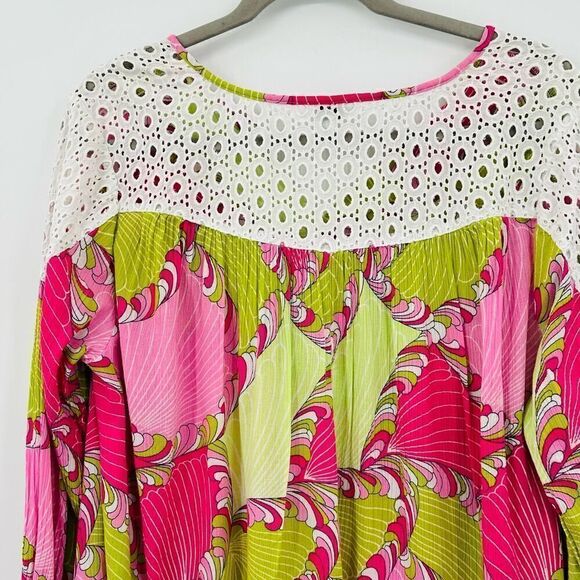 Crown & Ivy Gauzy Pink Lime Green Boho Tunic Top Eyelet Trim Womens Large Flowy - Picture 8 of 8